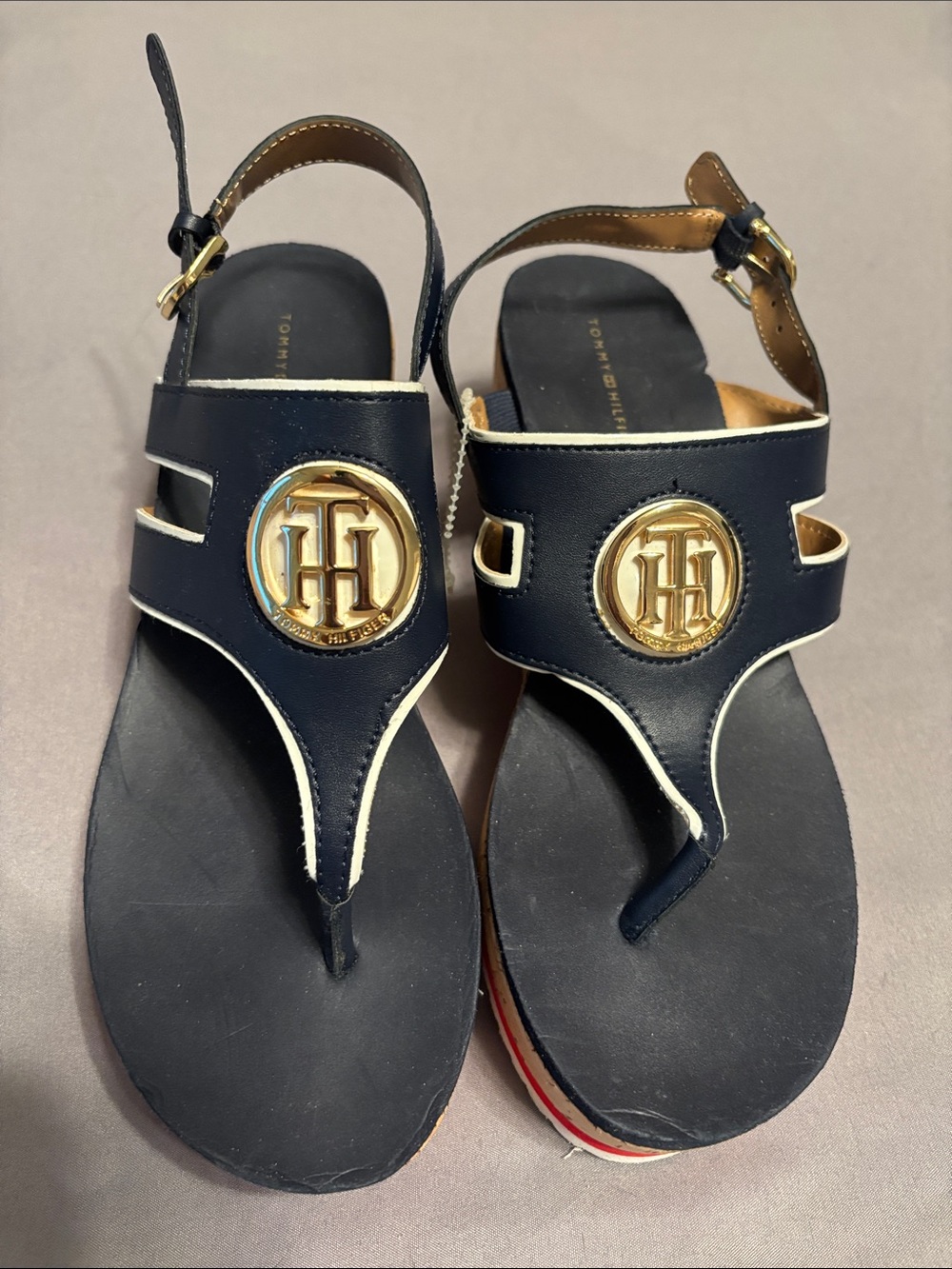 Tommy Hilfiger Navy Leather Logo Thong Sandals